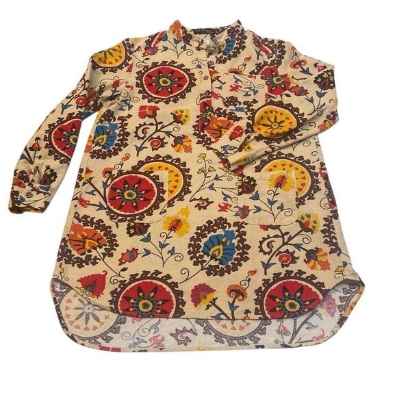 Emery Rose Tan Colorful Floral Boho Bohemian Long Sleeve Tunic Women Size Small - Picture 3 of 12